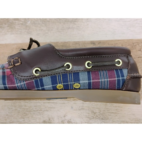 Brooks Brothers Mens Size 8 D Boat Shoes Blue Red Plaid Brown Leather‎ Loafers - Picture 10 of 12